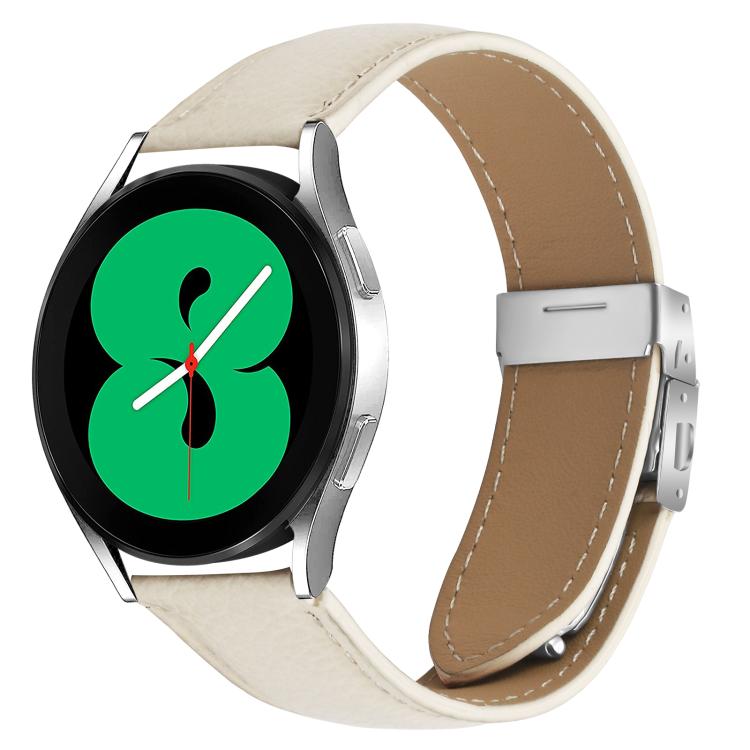 Lychee Texture Silver Turtle Back Buckle Leather Watch Band — Creamy White