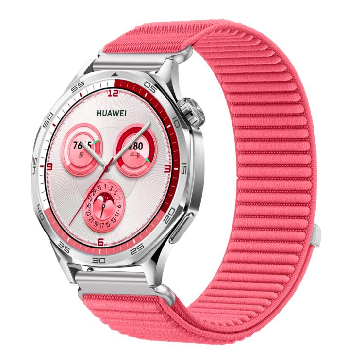 Woven Nylon Hook And Loop Fastener Metal Interface Watch Band — Pink