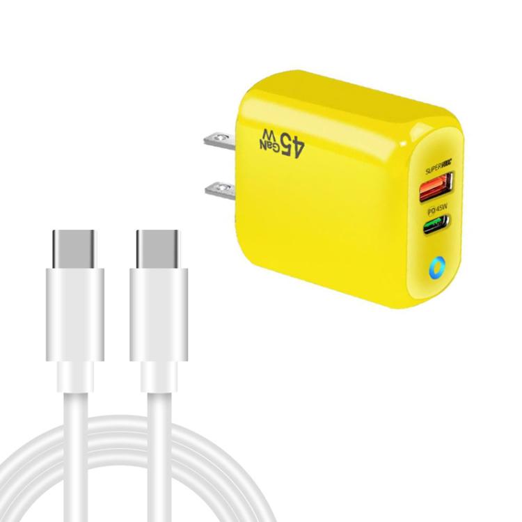 TE-PD45 GaN 45W PD3.0 / Type-C + USB 3.0 Charger with Type-C to Type-C Data Cable, US Plug — Yellow