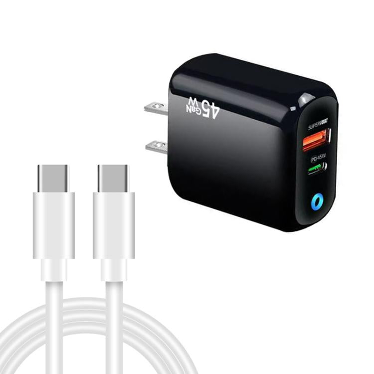 TE-PD45 GaN 45W PD3.0 / Type-C + USB 3.0 Charger with Type-C to Type-C Data Cable, US Plug — Black