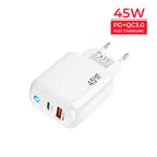 TE-PD45 GaN 45W PD3.0 / Type-C + USB 3.0 Charger with Type-C to Type-C Data Cable, EU Plug — White
