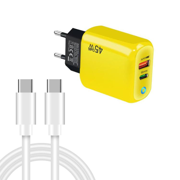 TE-PD45 GaN 45W PD3.0 / Type-C + USB 3.0 Charger with Type-C to Type-C Data Cable, EU Plug — Yellow