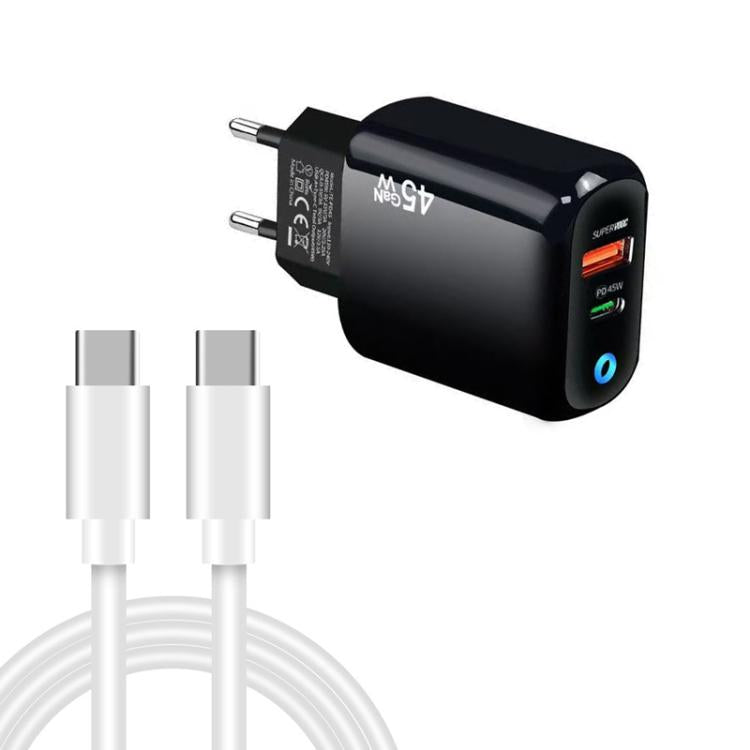 TE-PD45 GaN 45W PD3.0 / Type-C + USB 3.0 Charger with Type-C to Type-C Data Cable, EU Plug — Black