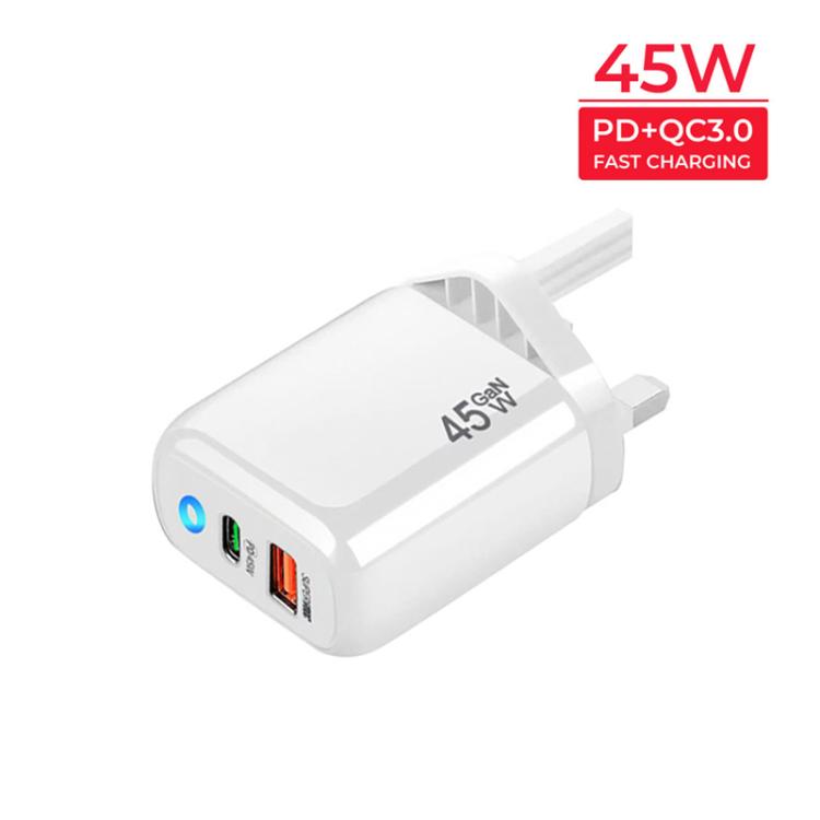 TE-PD45 GaN 45W PD3.0 / Type-C + USB 3.0 Charger with Type-C to Type-C Data Cable, UK Plug — White
