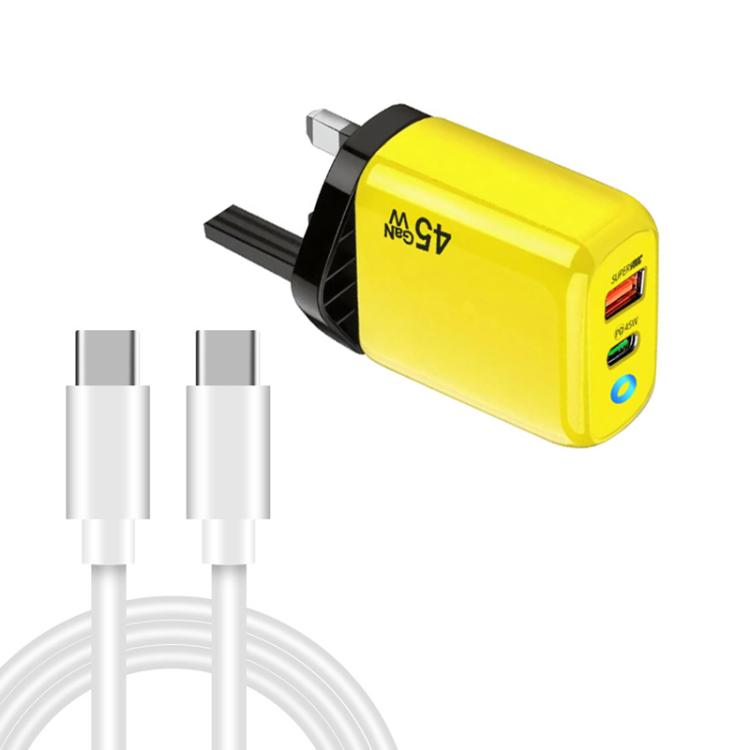 TE-PD45 GaN 45W PD3.0 / Type-C + USB 3.0 Charger with Type-C to Type-C Data Cable, UK Plug — Yellow