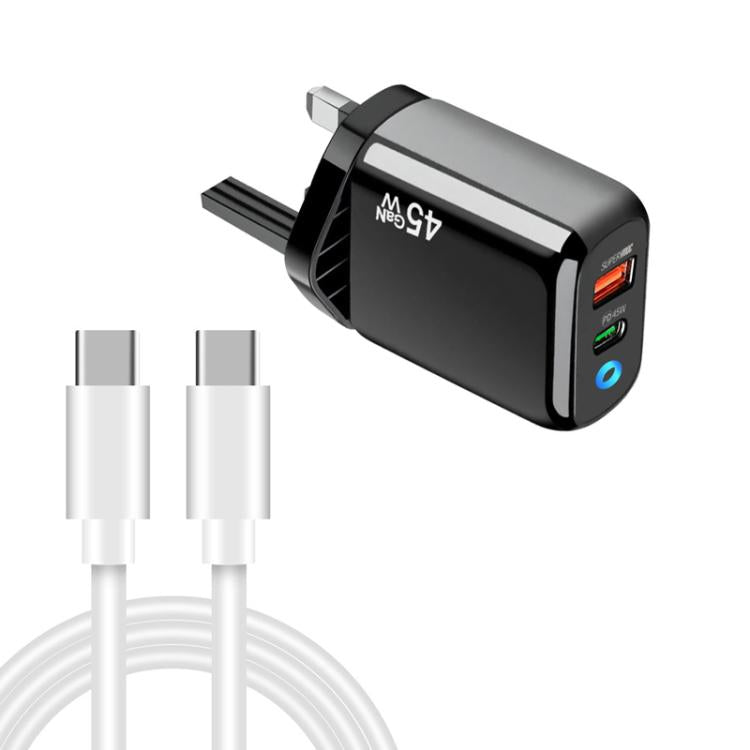 TE-PD45 GaN 45W PD3.0 / Type-C + USB 3.0 Charger with Type-C to Type-C Data Cable, UK Plug — Black