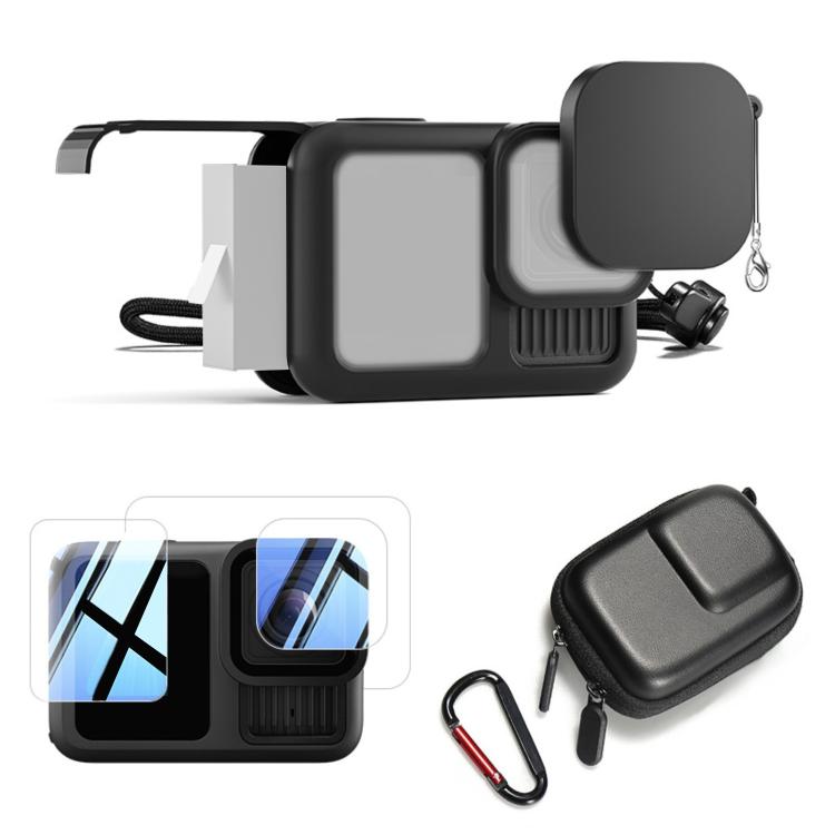 Silicone Case with Lens Cap + 2 Sets Tempered Glass Film + Battery Side Cover + Storage Bag Set