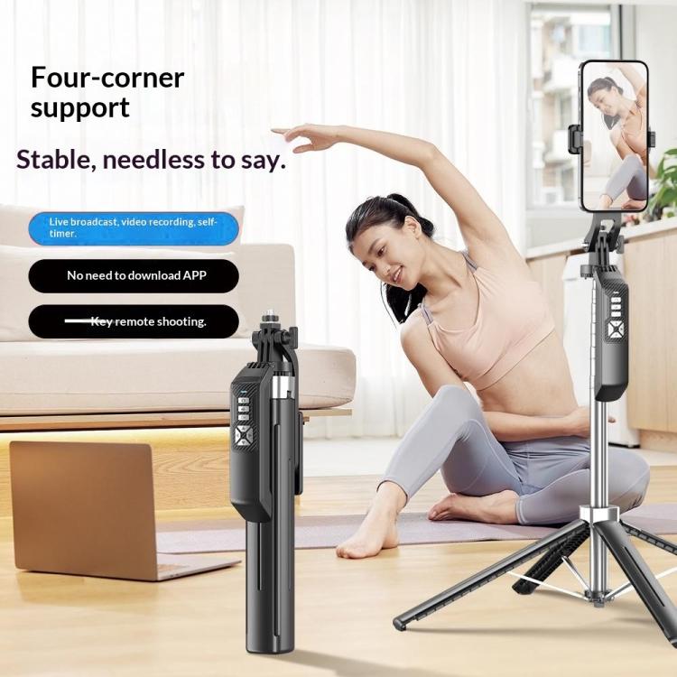 P18TK Anti-Shake Handheld Stabilizer 1.8m Extendable 4-leg Tripod Bluetooth Selfie Stick — Black