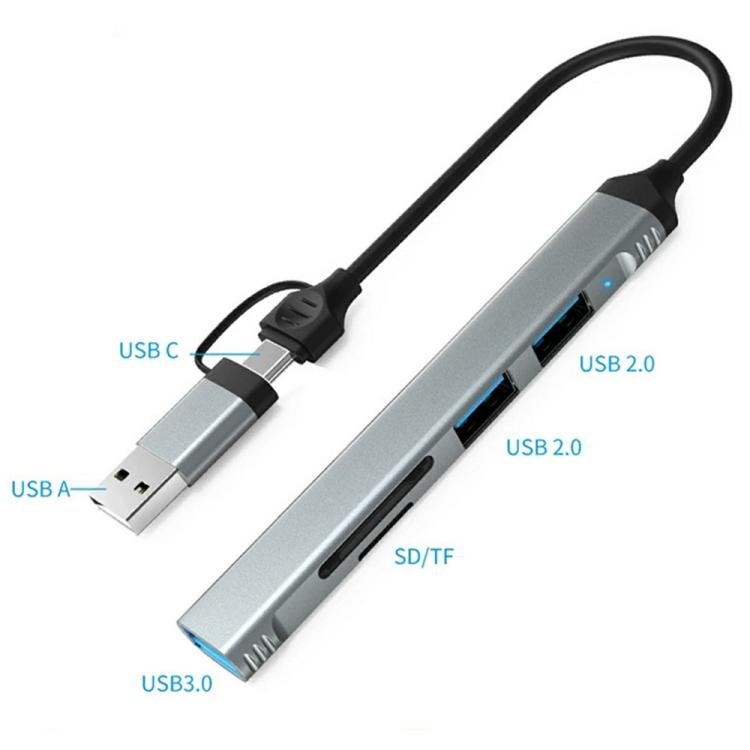 HC-77A USB-C / USB-A to USB 3.0 / 2.0 SD TF Card Reader 5 in 1 Aluminum Alloy Expansion Hub — HC-77A