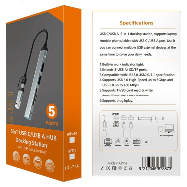 HC-77A USB-C / USB-A to USB 3.0 / 2.0 SD TF Card Reader 5 in 1 Aluminum Alloy Expansion Hub — view 8