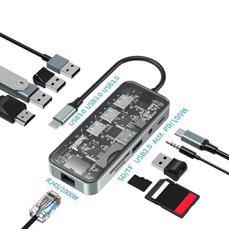 HC-87 10 in 1 USB-C Hub Gigabit Ethernet 4K HD PD 100W Charging Multi-Port Adapter — HC-87