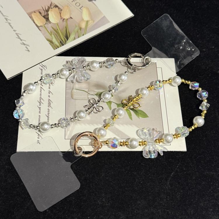 Pearl Crystal Bow Phone Chain — Silver