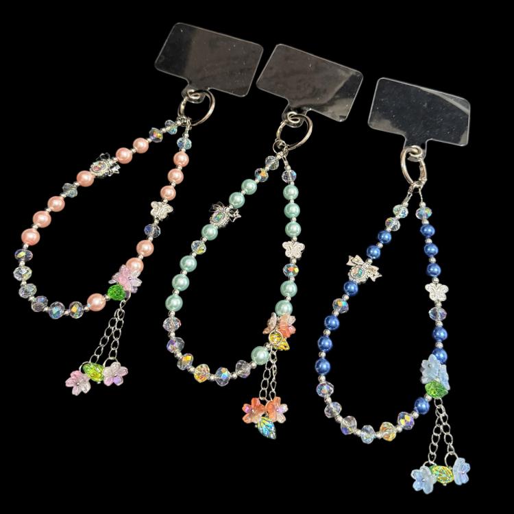 Butterfly Bead Floral Charm Pearl & Crystal Chain — Pink