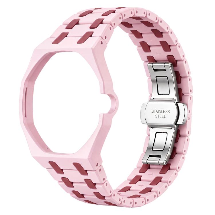 Three O Clock Direction Metal Butterfly Clasp Ceramic Integrated Watch Band — Light Pink Red