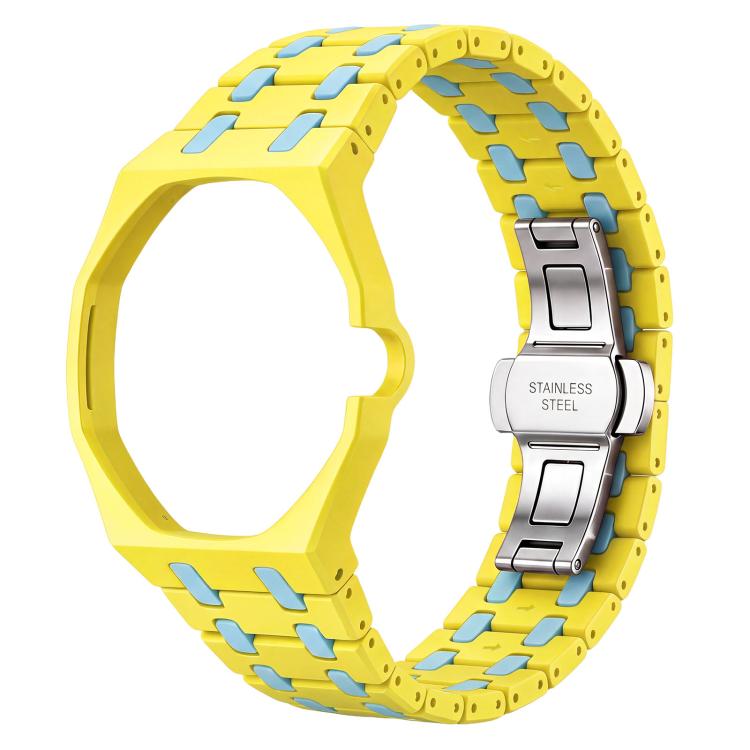 Three O Clock Direction Metal Butterfly Clasp Ceramic Integrated Watch Band — Light Dark Blue
