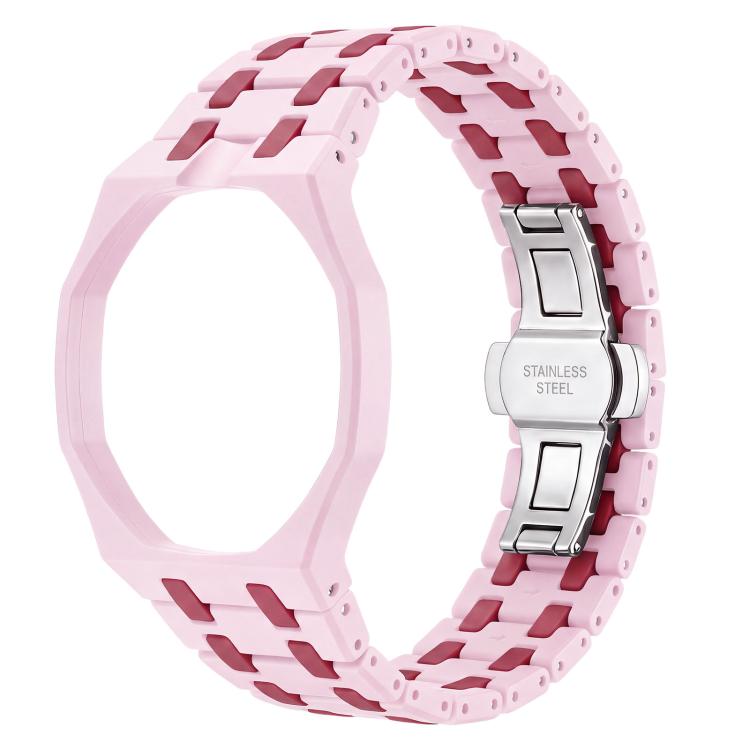 Twelve O Clock Direction Metal Butterfly Clasp Ceramic Integrated Watch Band — Light Pink Red