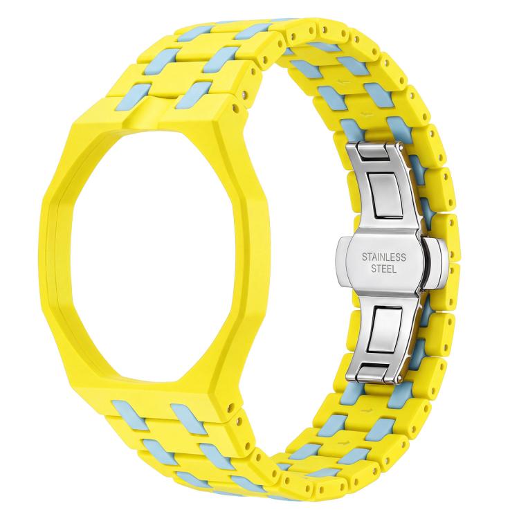 Twelve O Clock Direction Metal Butterfly Clasp Ceramic Integrated Watch Band — Light Dark Blue