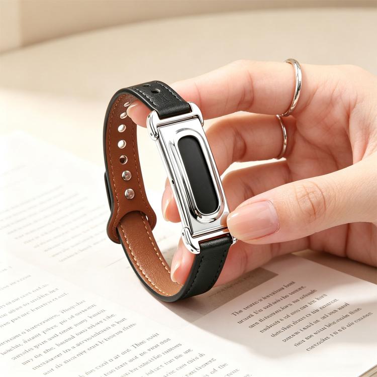 Metal Case Integrated Double Studs Genuine Leather Watch Band