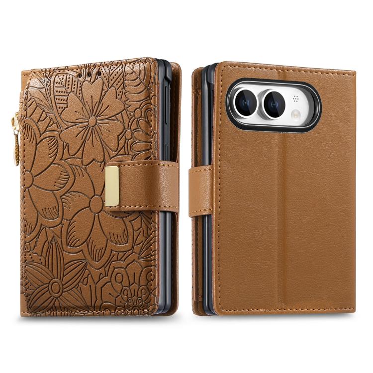 Flowers Leaves Zipper Wallet Leather Phone Case — For iPhone Duo