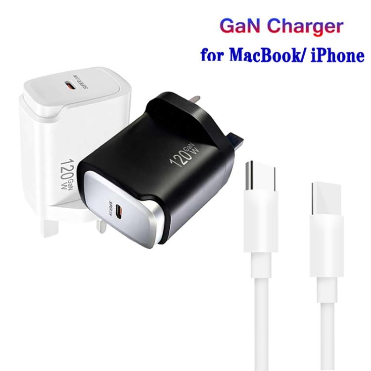 PD48 GaN 120W USB-C Laptop Power Supply with USB-C to USB-C Data Cable，UK Plug — Black