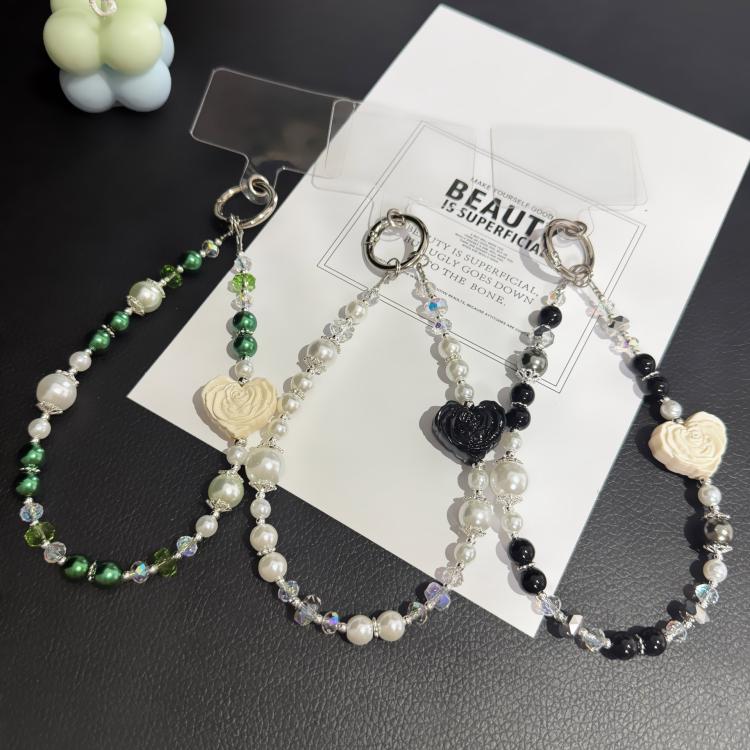 Dark Emerald Rose Heart Pearl Crystal Chain — Green