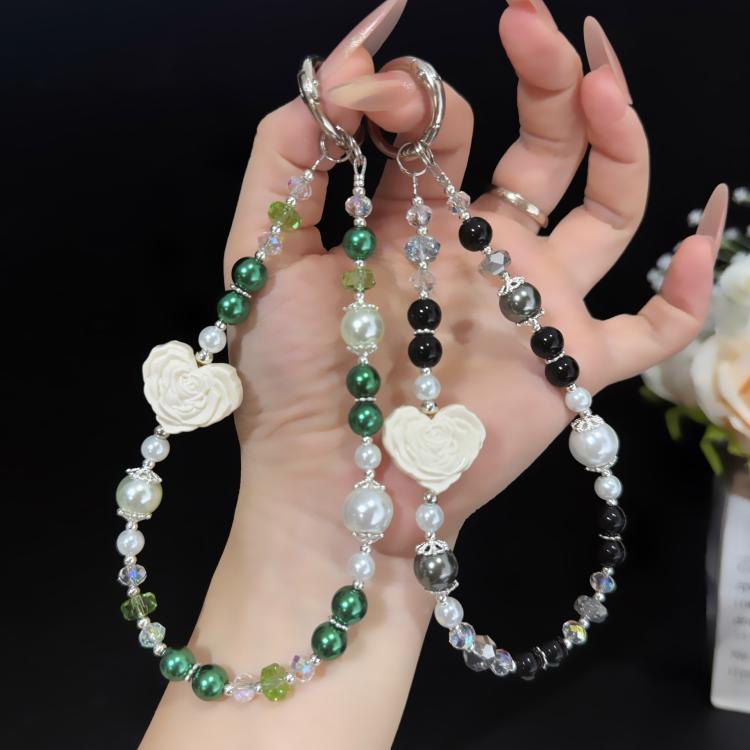Dark Emerald Rose Heart Pearl Crystal Chain — view 5