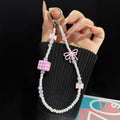 Plaid Sugar Cube Bowknot Pearl Phone Chain