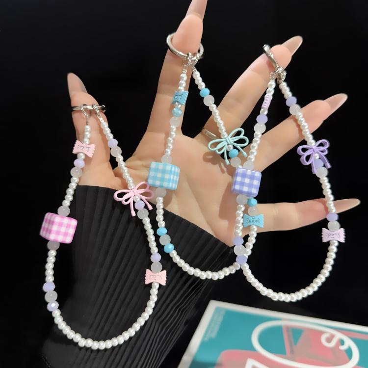 Plaid Sugar Cube Bowknot Pearl Phone Chain — Blue