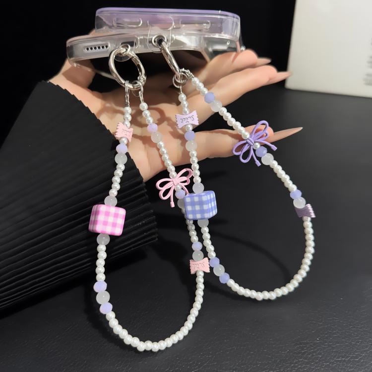 Plaid Sugar Cube Bowknot Pearl Phone Chain — view 8