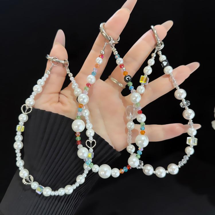 Multicolor Square Crystal Heart Pearl Phone Chain — Transparent