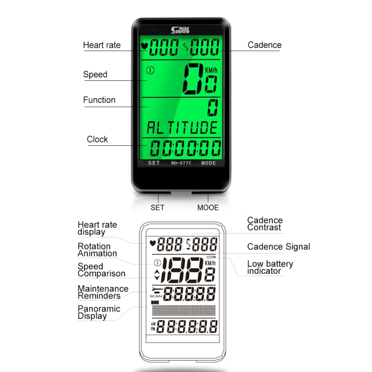 SUNDING SD-577C Cycling Computer LCD Backlight Waterproof Wireless Stopwatch MTB Bike Odometer Stopwatch Bicycle Speedometer