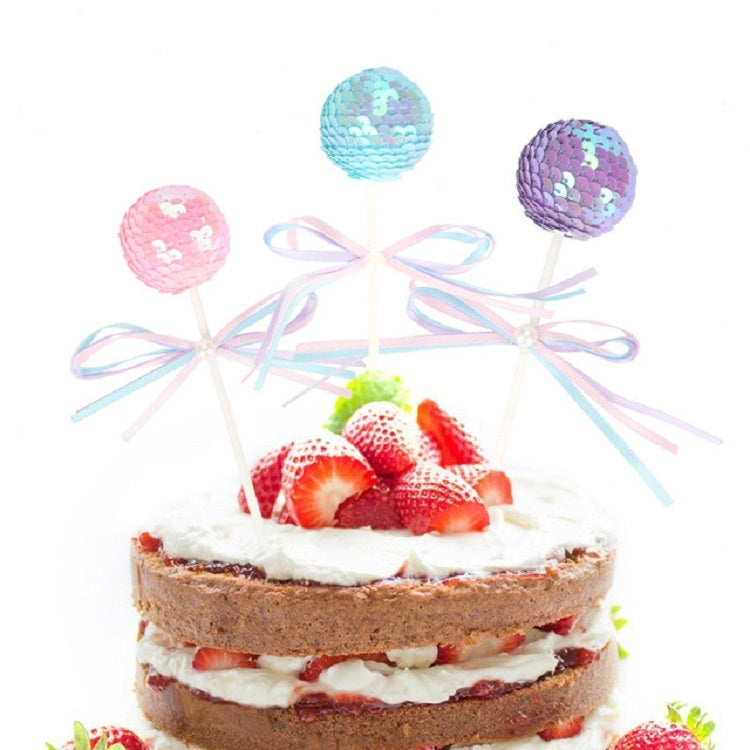 Ribbon Bow Sequin Ball Cake Party Dessert Inserted Card — Purple