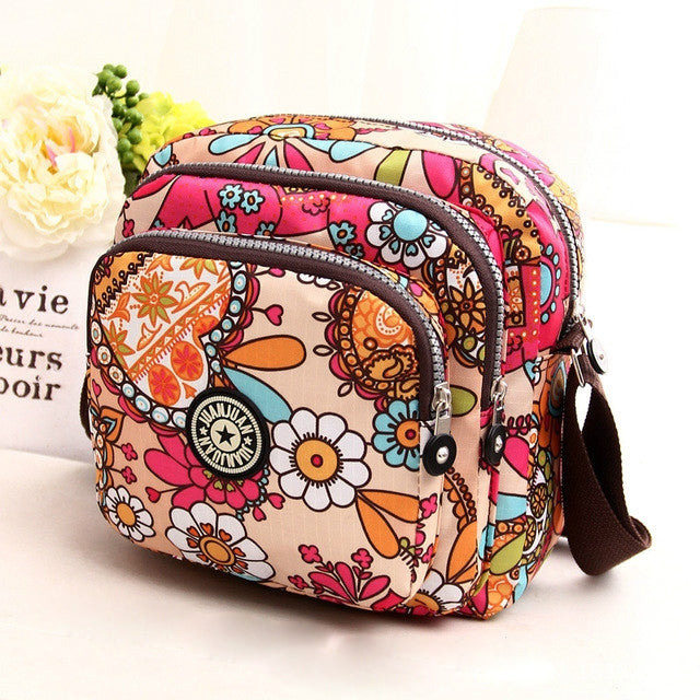 Women Shoulder Bag Waterproof Nylon Handbag Multilayer Crossbody Bag — Blue flower