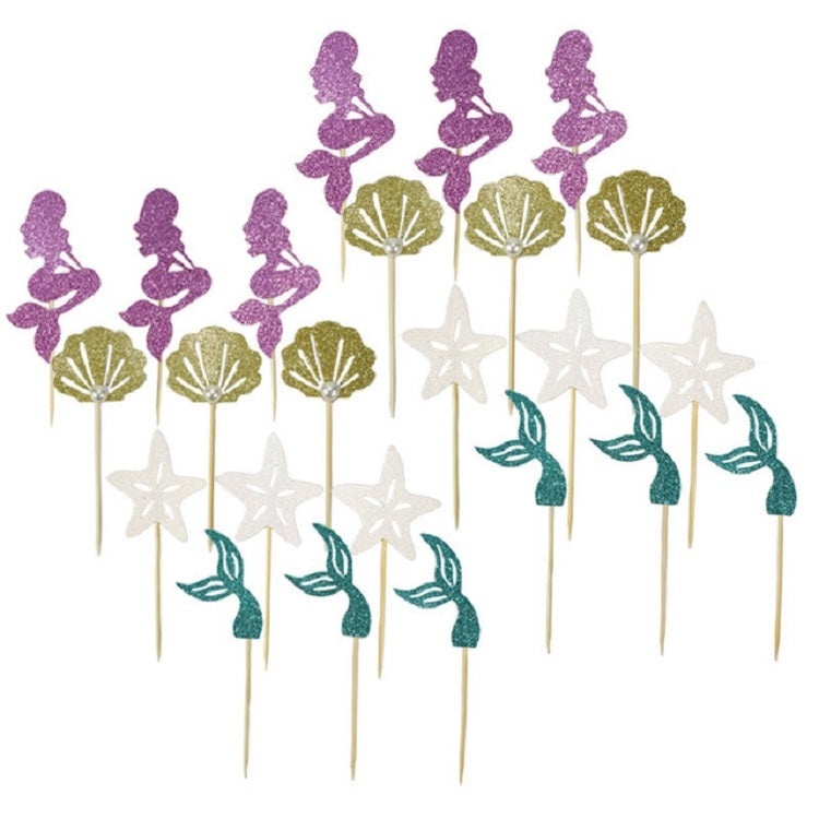 24 PCS / 1 Set Mermaid Princess Party Decorate Cupcakes Inserted Card