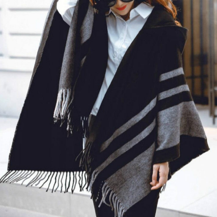 Autumn and Winter Ladies Hooded Warm Thick Tassel Cloak Shawl Scarf Dual-use