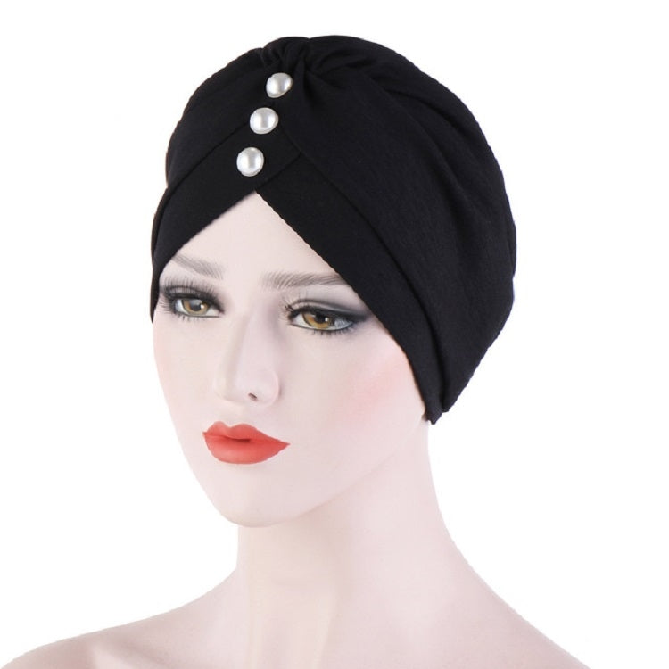 Women Forehead Fold Pearl Decorative Hooded Cap Turban Hat