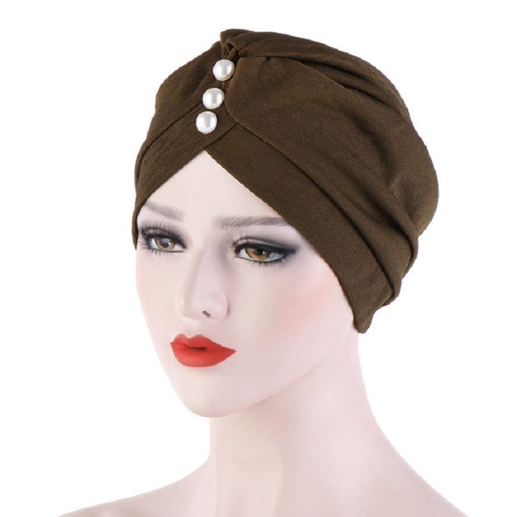 Women Forehead Fold Pearl Decorative Hooded Cap Turban Hat