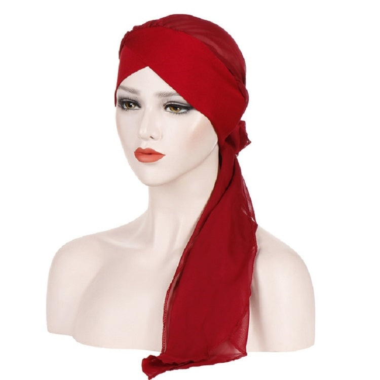Ladies Forehead Cross Chiffon Long Tail Cap Turban Hat