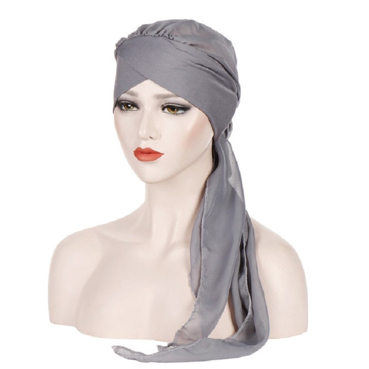 Ladies Forehead Cross Chiffon Long Tail Cap Turban Hat