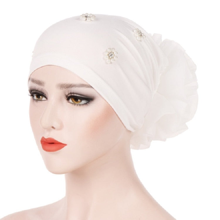 Women Personality Rear Flower Decoration Turban Hat Beaded Hooded Cap