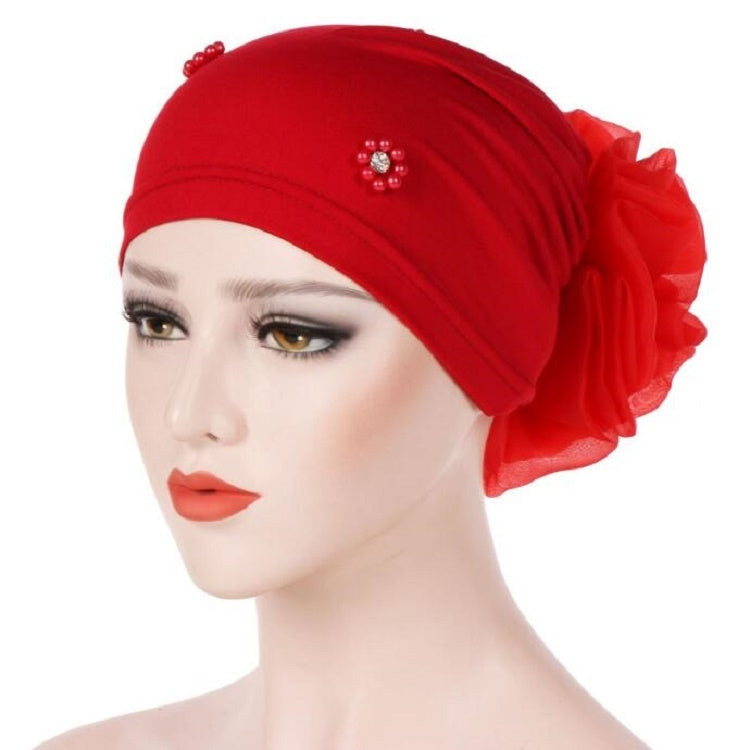 Women Personality Rear Flower Decoration Turban Hat Beaded Hooded Cap