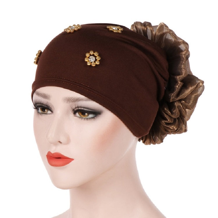Women Personality Rear Flower Decoration Turban Hat Beaded Hooded Cap