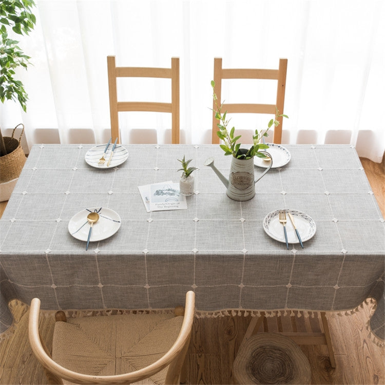 Square Lattice Embroidered Tablecloth Pure Color Cotton Linen Tassel Rectangular Coffee Table Mat