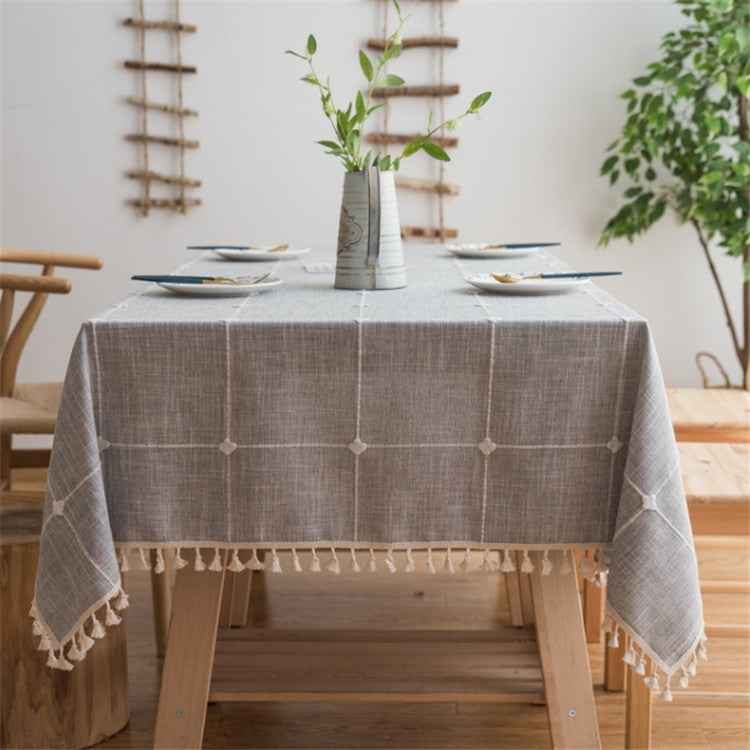 Square Lattice Embroidered Tablecloth Pure Color Cotton Linen Tassel Rectangular Coffee Table Mat