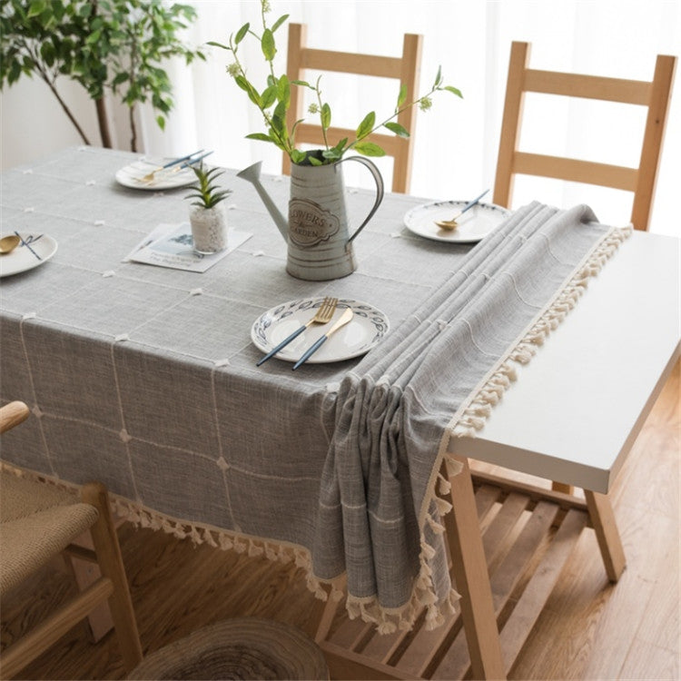 Square Lattice Embroidered Tablecloth Pure Color Cotton Linen Tassel Rectangular Coffee Table Mat
