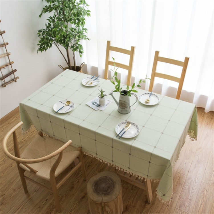 Square Lattice Embroidered Tablecloth Pure Color Cotton Linen Tassel Rectangular Coffee Table Mat