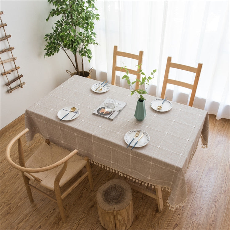 Square Lattice Embroidered Tablecloth Pure Color Cotton Linen Tassel Rectangular Coffee Table Mat