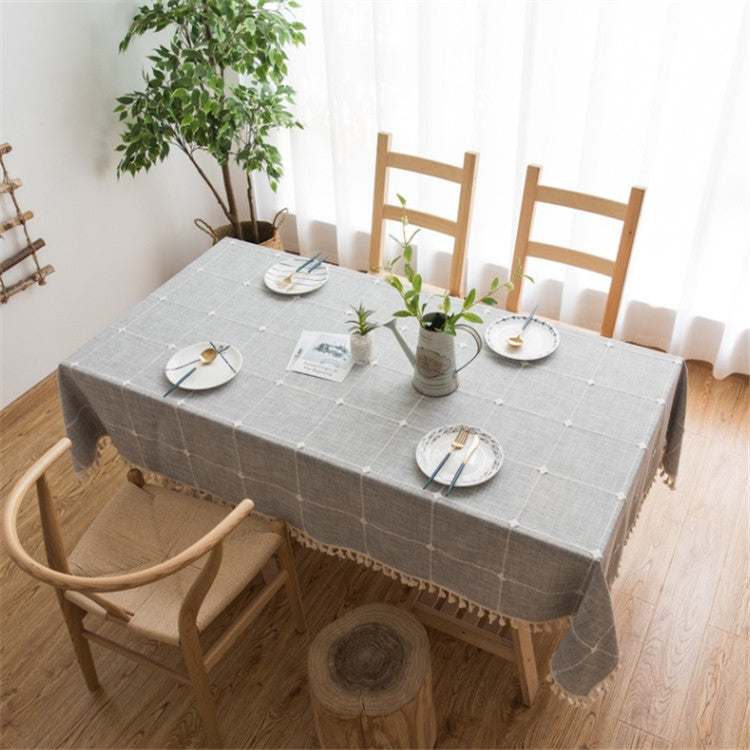 Square Lattice Embroidered Tablecloth Pure Color Cotton Linen Tassel Rectangular Coffee Table Mat