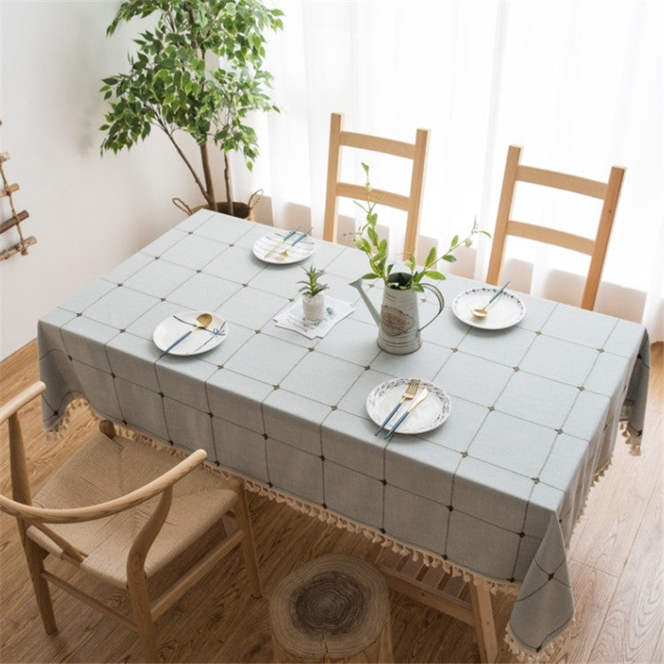 Square Lattice Embroidered Tablecloth Pure Color Cotton Linen Tassel Rectangular Coffee Table Mat
