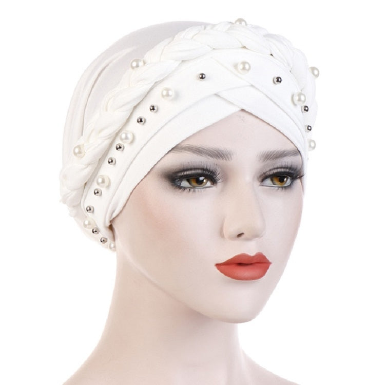 Ladies Turban Cap Milk Silk Single Braid Cap Rivet White Pearl Hooded Cap — Red
